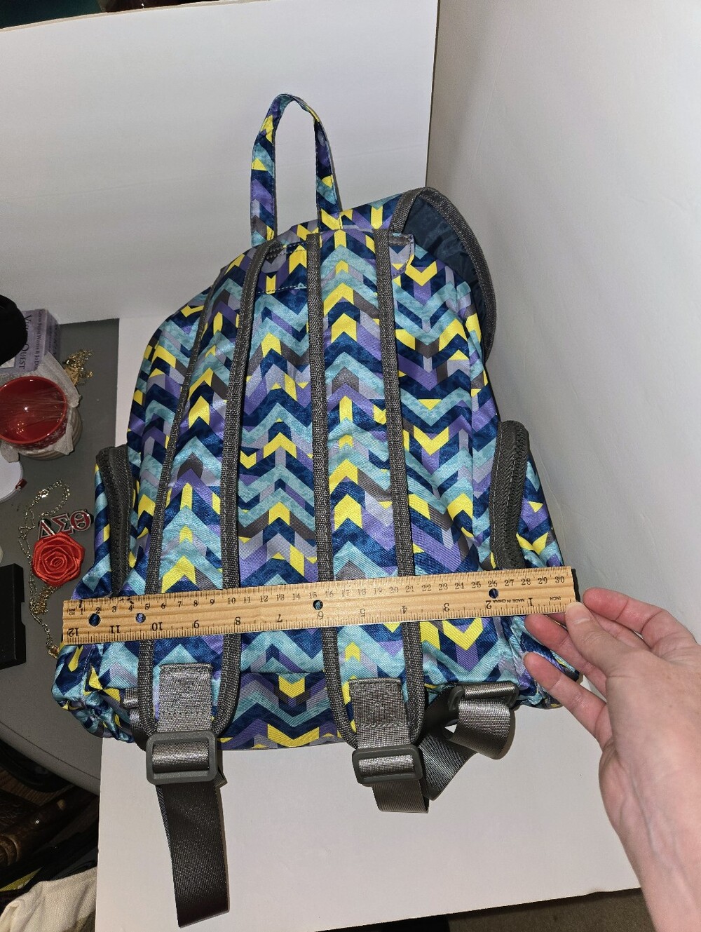 Chevron Print Drawstring Backpack in Teal - Navy & Yellow - Picture 10 of 13